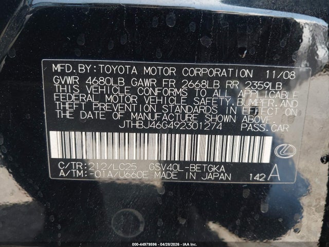 44979596 :رقم المزاد ، JTHBJ46G492301274 vin ، 2009 Lexus Es 350 مزاد بيع