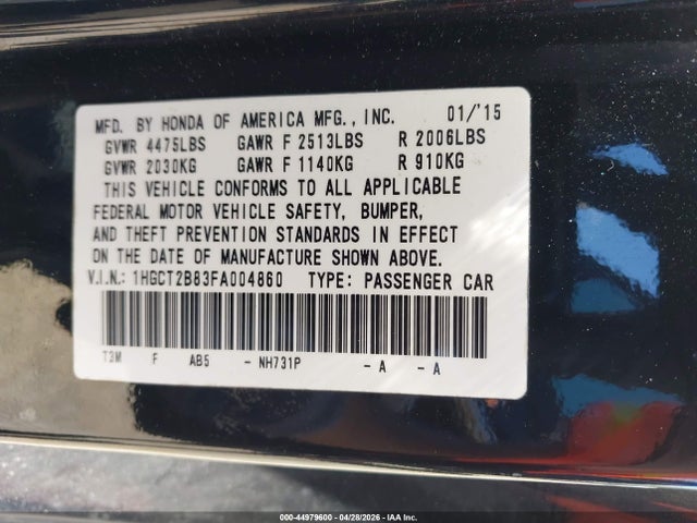 44979600 :رقم المزاد ، 1HGCT2B83FA004860 vin ، 2015 Honda Accord Ex-l V-6 مزاد بيع