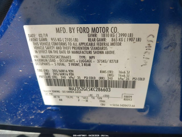 2019 Ford Ecosport Se მანქანა იყიდება აუქციონზე, vin: MAJ3S2GE5KC286603, აუქციონის ნომერი: 44979601