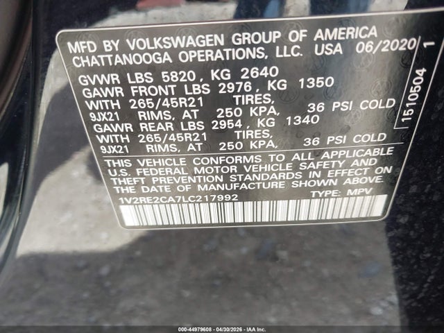 Продаж на аукціоні авто 2020 Volkswagen Atlas Cross Sport 3.6l V6 Sel R-line, vin: 1V2RE2CA7LC217992, номер лоту: 44979608