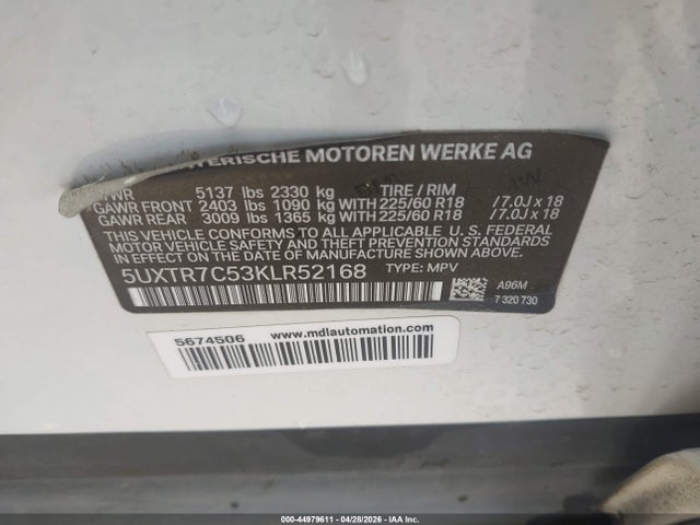 Продажа на аукционе авто 2019 Bmw X3 Sdrive30i, vin: 5UXTR7C53KLR52168, номер лота: 44979611