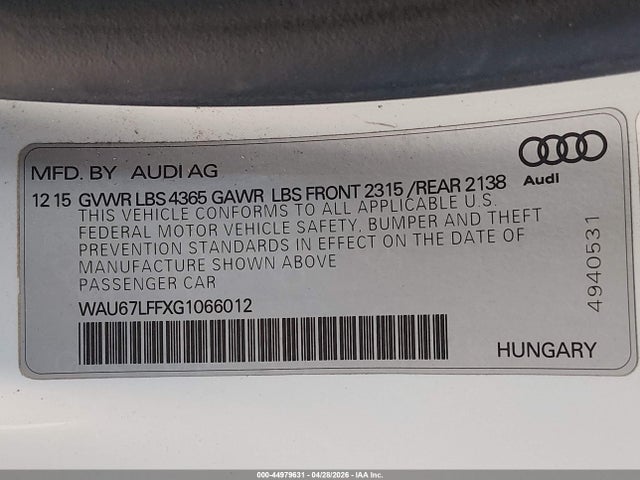 44979631 :رقم المزاد ، WAU67LFFXG1066012 vin ، 2016 Audi A3 1.8t Premium مزاد بيع