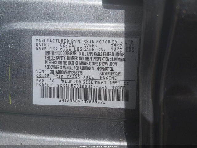 Продаж на аукціоні авто 2021 Nissan Sentra S Xtronic Cvt, vin: 3N1AB8BV7MY253675, номер лоту: 44979633