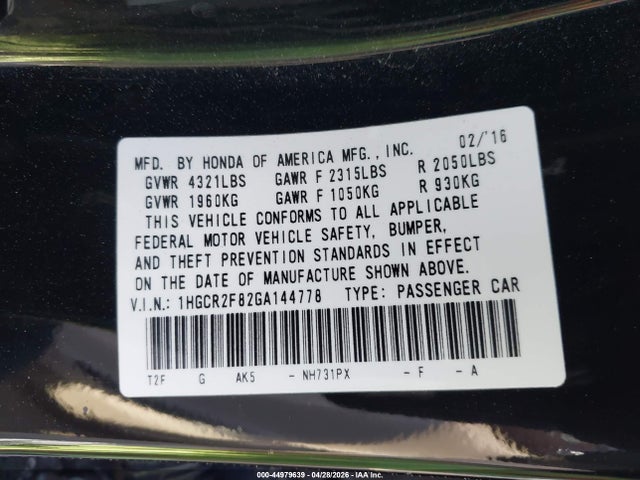 Honda ACCORD EXL 2016 1HGCR2F82GA144778 Image 9