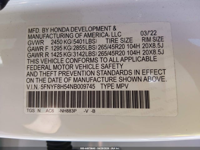 Продаж на аукціоні авто 2022 Honda Passport Awd Ex-l, vin: 5FNYF8H54NB009745, номер лоту: 44979640
