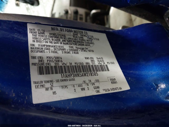 44979654 :رقم المزاد ، 1FAHP3HN5AW218505 vin ، 2010 Ford Focus Sel مزاد بيع
