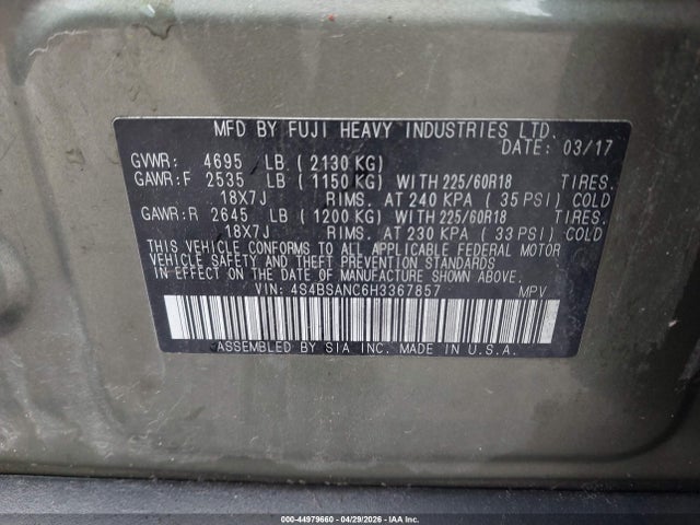 44979660 :رقم المزاد ، 4S4BSANC6H3367857 vin ، 2017 Subaru Outback 2.5i Limited مزاد بيع