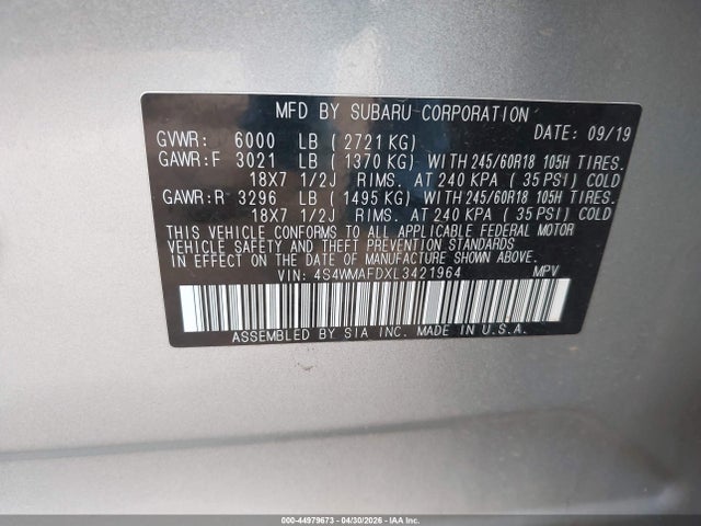 Aukcja sprzedaży 2020 Subaru Ascent Premium, vin: 4S4WMAFDXL3421964, numer aukcji: 44979673
