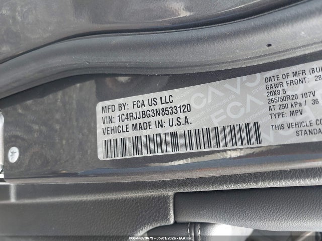 Продаж на аукціоні авто 2022 Jeep Grand Cherokee L Limited 4x2, vin: 1C4RJJBG3N8533120, номер лоту: 44979679