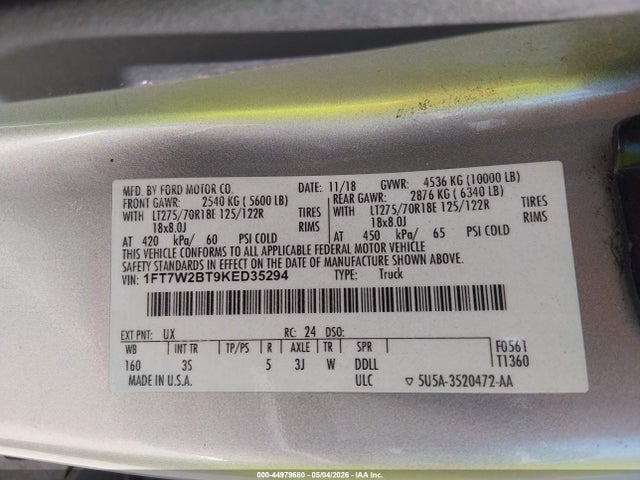 Продаж на аукціоні авто 2019 Ford F-250 Xlt, vin: 1FT7W2BT9KED35294, номер лоту: 44979680