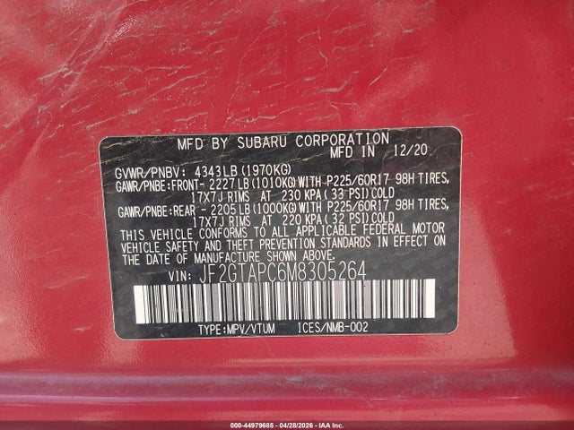 44979685 :رقم المزاد ، JF2GTAPC6M8305264 vin ، 2021 Subaru Crosstrek Premium مزاد بيع