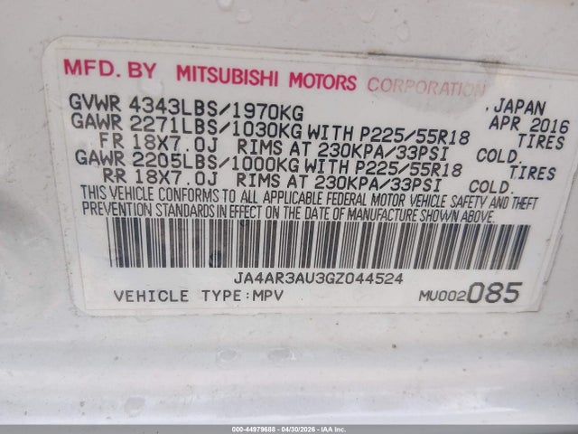 2016 Mitsubishi Outlander Sport 2.0 Es მანქანა იყიდება აუქციონზე, vin: JA4AR3AU3GZ044524, აუქციონის ნომერი: 44979688
