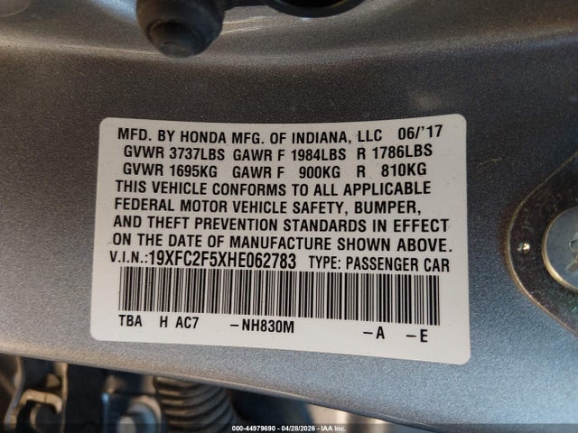 2017 Honda Civic Lx მანქანა იყიდება აუქციონზე, vin: 19XFC2F5XHE062783, აუქციონის ნომერი: 44979690