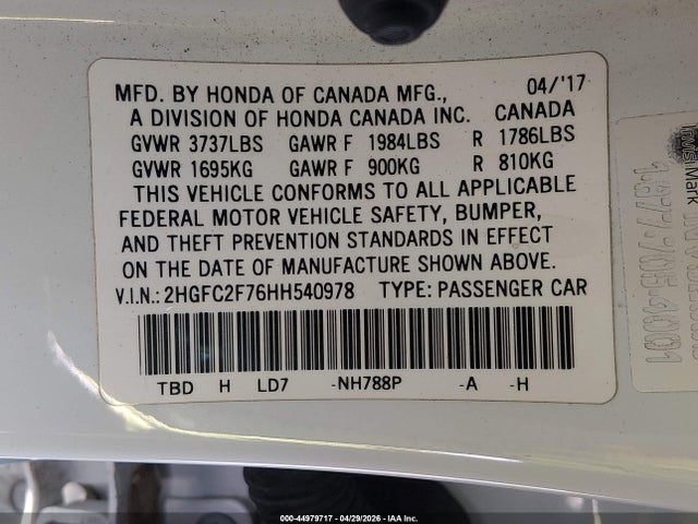 Продаж на аукціоні авто 2017 Honda Civic Ex, vin: 2HGFC2F76HH540978, номер лоту: 44979717