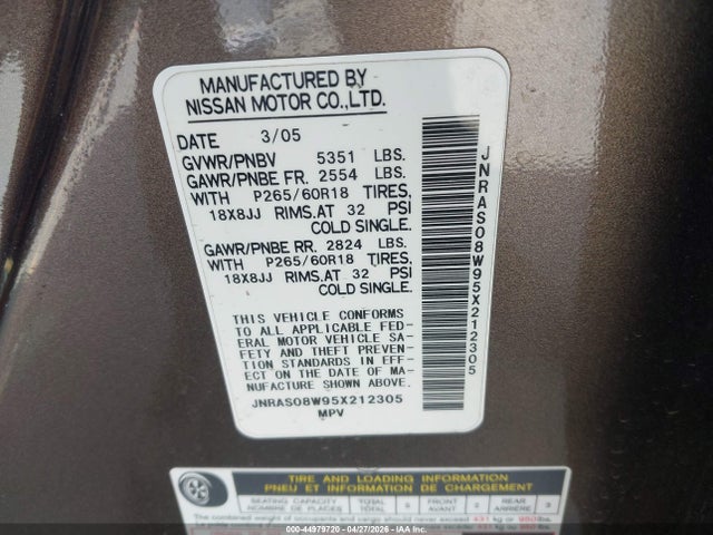 44979720 :رقم المزاد ، JNRAS08W95X212305 vin ، 2005 Infiniti Fx35 مزاد بيع