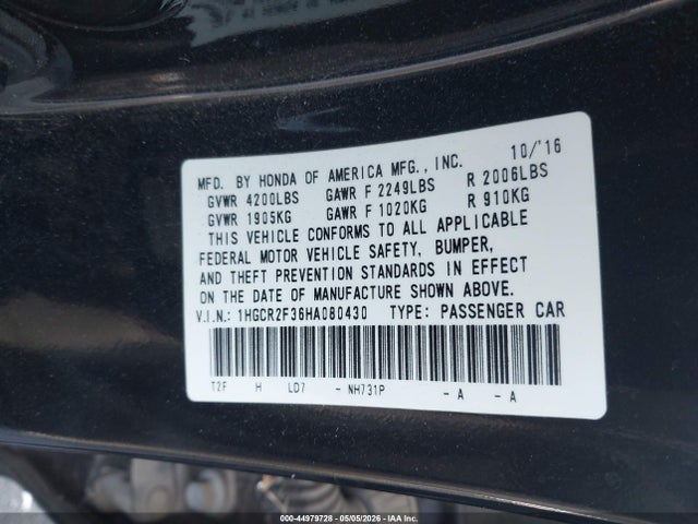 Honda ACCORD LX 2017 1HGCR2F36HA080430 Image 9