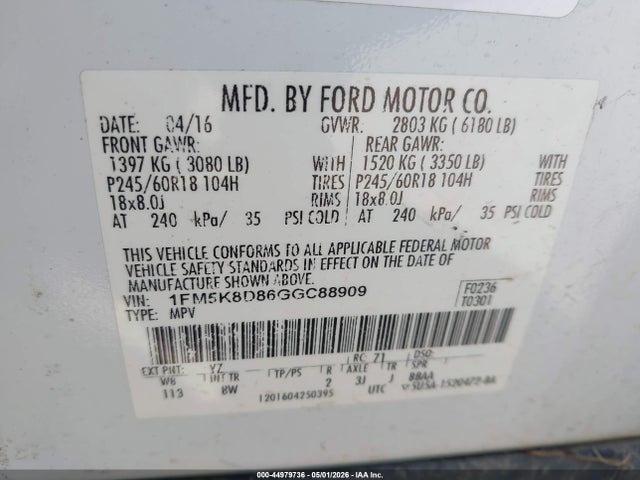 Aukcja sprzedaży 2016 Ford Explorer Xlt, vin: 1FM5K8D86GGC88909, numer aukcji: 44979736