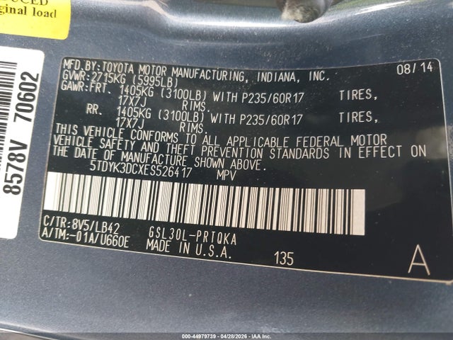2014 Toyota Sienna Xle V6 8 Passenger მანქანა იყიდება აუქციონზე, vin: 5TDYK3DCXES526417, აუქციონის ნომერი: 44979739