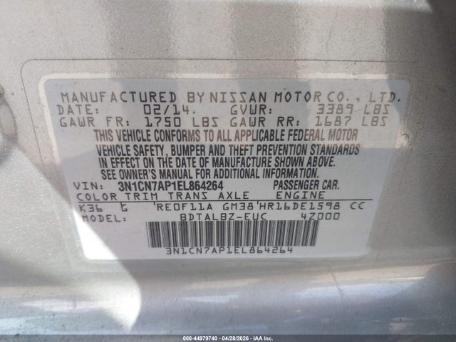Aukcja sprzedaży 2014 Nissan Versa 1.6 Sv, vin: 3N1CN7AP1EL864264, numer aukcji: 44979740