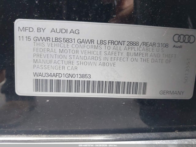 44979744 :رقم المزاد ، WAU34AFD1GN013853 vin ، 2016 Audi A8 L 3.0t مزاد بيع