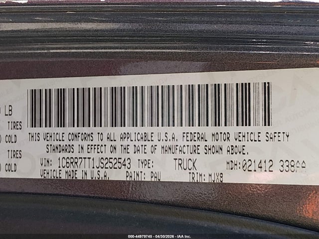 Продаж на аукціоні авто 2018 Ram 1500 Big Horn  4x4 6'4 Box, vin: 1C6RR7TT1JS252543, номер лоту: 44979745