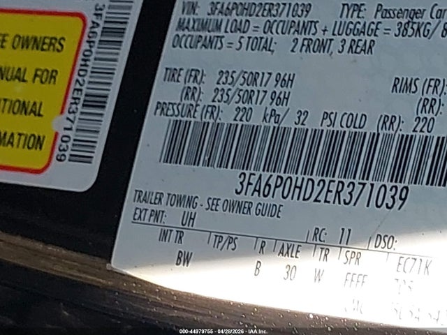 2014 Ford Fusion Se მანქანა იყიდება აუქციონზე, vin: 3FA6P0HD2ER371039, აუქციონის ნომერი: 44979755