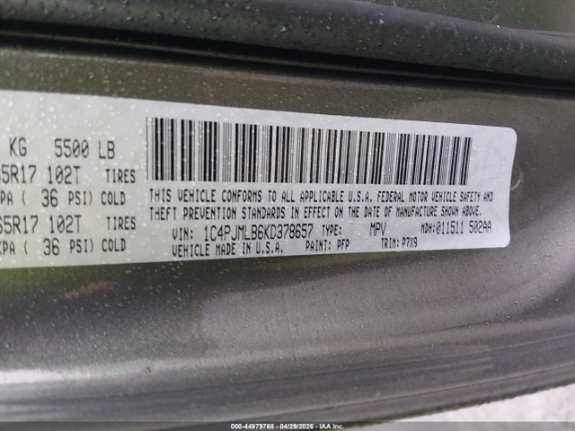 2019 Jeep Cherokee Latitude Plus 4x4 მანქანა იყიდება აუქციონზე, vin: 1C4PJMLB6KD378657, აუქციონის ნომერი: 44979768