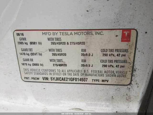 Tesla Model X 60d/70d/75d/90d 2016 5YJXCAE21GF014507 Image 9