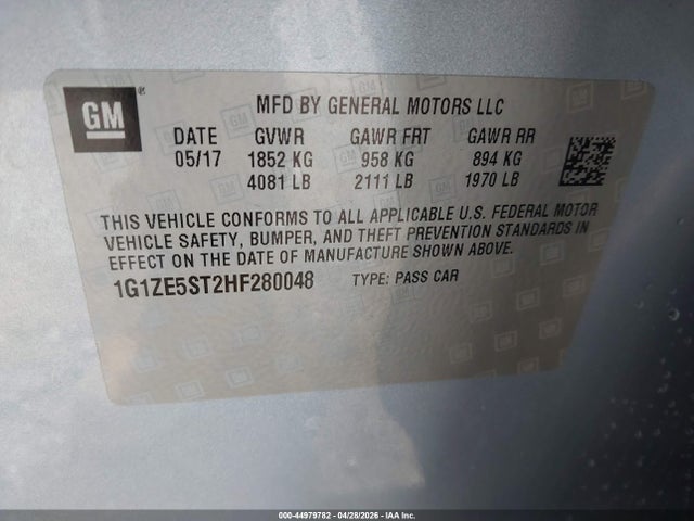 2017 Chevrolet Malibu 1lt მანქანა იყიდება აუქციონზე, vin: 1G1ZE5ST2HF280048, აუქციონის ნომერი: 44979782