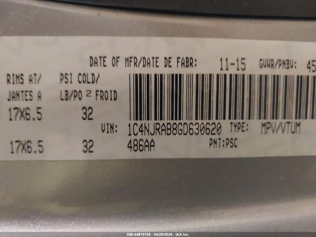 Aukcja sprzedaży 2016 Jeep Patriot Sport/north, vin: 1C4NJRAB8GD630620, numer aukcji: 44979788