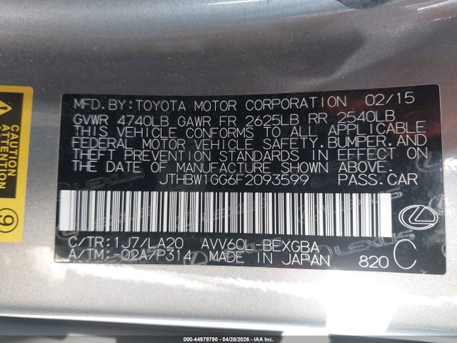Продажа на аукционе авто 2015 Lexus Es 300h, vin: JTHBW1GG6F2093599, номер лота: 44979790