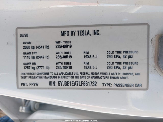 5YJ3E1EA7LF661732 Tesla Model 3 Standard Range Plus Rear-wheel Drive/standard Range Rear-wheel Drive