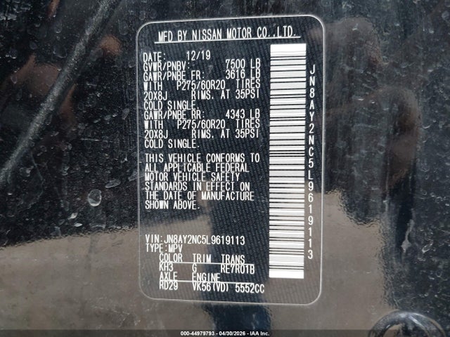 2020 Nissan Armada Sl 4wd მანქანა იყიდება აუქციონზე, vin: JN8AY2NC5L9619113, აუქციონის ნომერი: 44979793