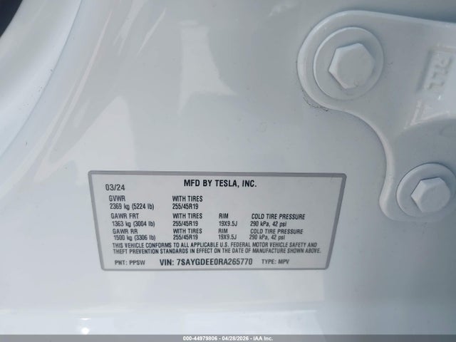Продаж на аукціоні авто 2024 Tesla Model Y Long Range Dual Motor All-wheel Drive, vin: 7SAYGDEE0RA265770, номер лоту: 44979806