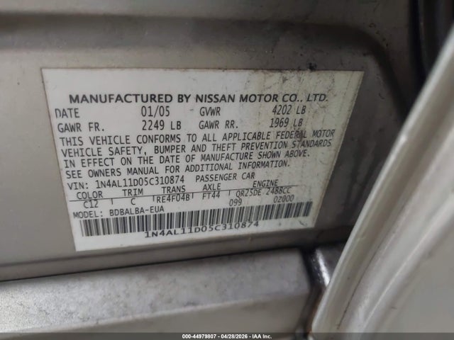 Aukcja sprzedaży 2005 Nissan Altima 2.5 S, vin: 1N4AL11D05C310874, numer aukcji: 44979807