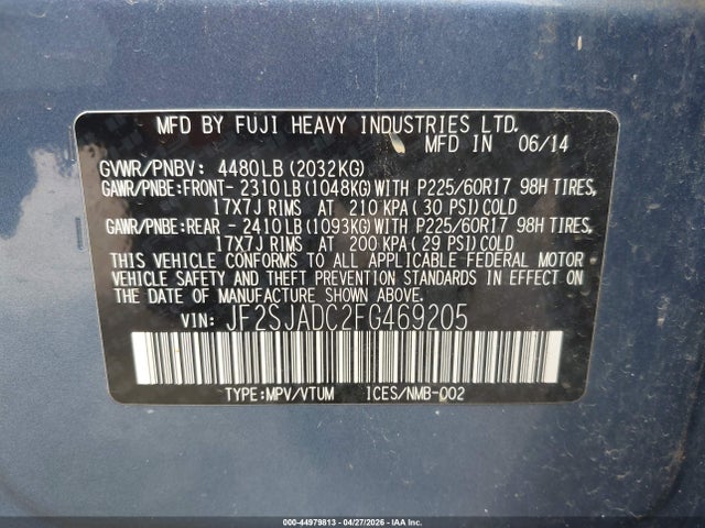 2015 Subaru Forester 2.5i Premium მანქანა იყიდება აუქციონზე, vin: JF2SJADC2FG469205, აუქციონის ნომერი: 44979813
