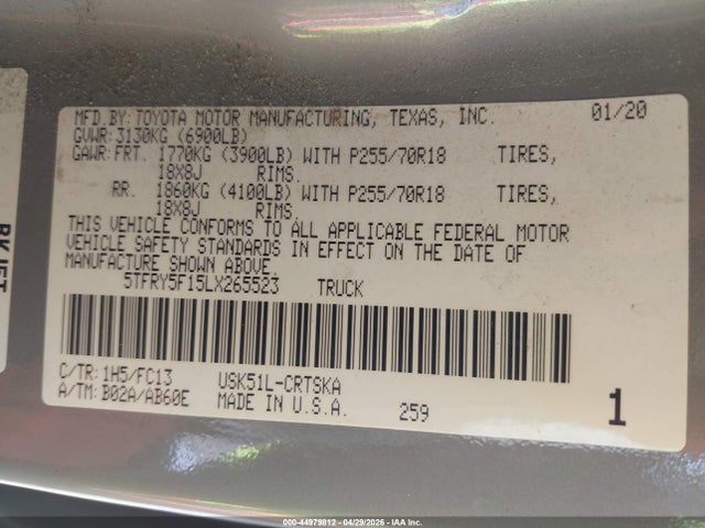 Toyota Tundra Sr5 2020 5TFRY5F15LX265523 Image 9