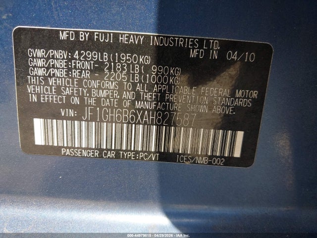 Aukcja sprzedaży 2010 Subaru Impreza 2.5i Premium, vin: JF1GH6B6XAH827587, numer aukcji: 44979815