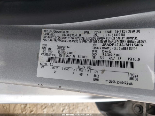 Auction sale of the 2018 Ford Fiesta S, vin: 3FADP4TJ2JM115406, lot number: 44979822
