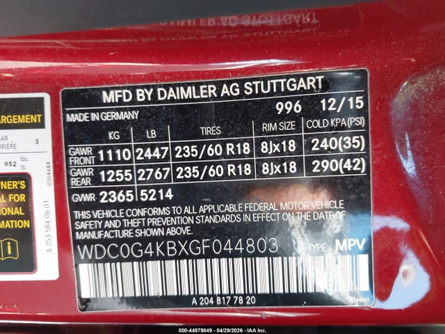 Aukcja sprzedaży 2016 Mercedes-benz Glc 300 4matic, vin: WDC0G4KBXGF044803, numer aukcji: 44979849