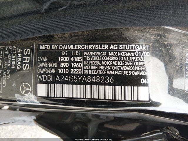 Aukcja sprzedaży 2000 Mercedes-benz C 230 Kompressor, vin: WDBHA24G5YA848236, numer aukcji: 44979854