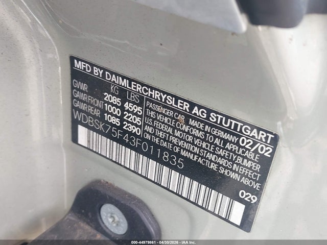 Aukcja sprzedaży 2003 Mercedes-benz Sl 500, vin: WDBSK75F43F011835, numer aukcji: 44979861