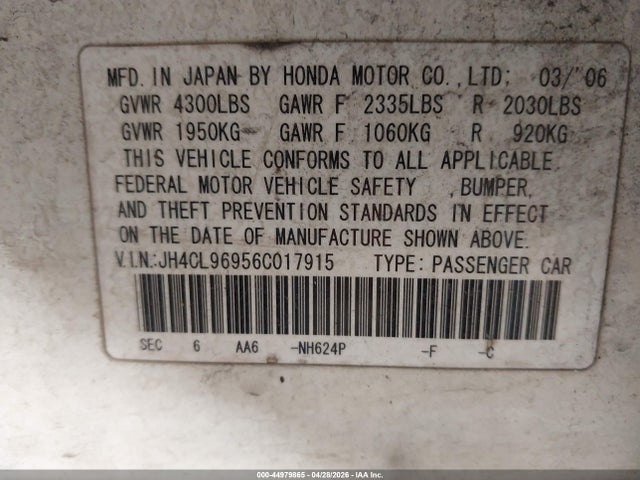 44979865 :رقم المزاد ، JH4CL96956C017915 vin ، 2006 Acura Tsx مزاد بيع