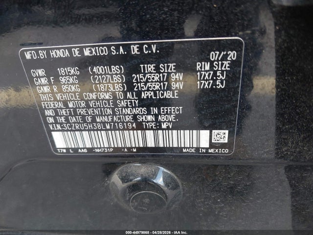 44979868 :رقم المزاد ، 3CZRU5H38LM716194 vin ، 2020 Honda Hr-v 2wd Lx مزاد بيع
