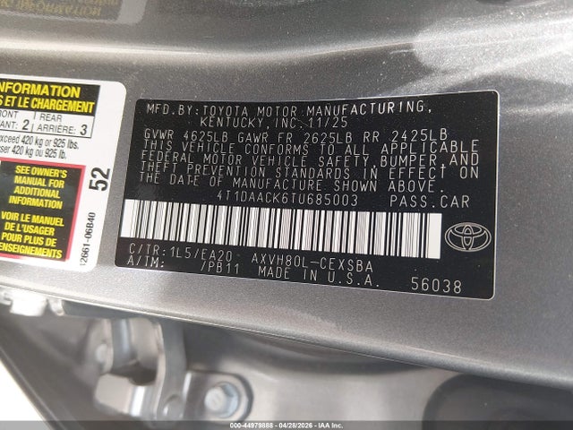 44979888 :رقم المزاد ، 4T1DAACK6TU685003 vin ، 2026 Toyota Camry Se مزاد بيع