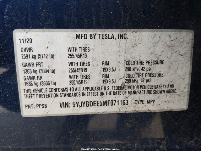 Продаж на аукціоні авто 2021 Tesla Model Y Long Range Dual Motor All-wheel Drive, vin: 5YJYGDEE5MF071163, номер лоту: 44979890