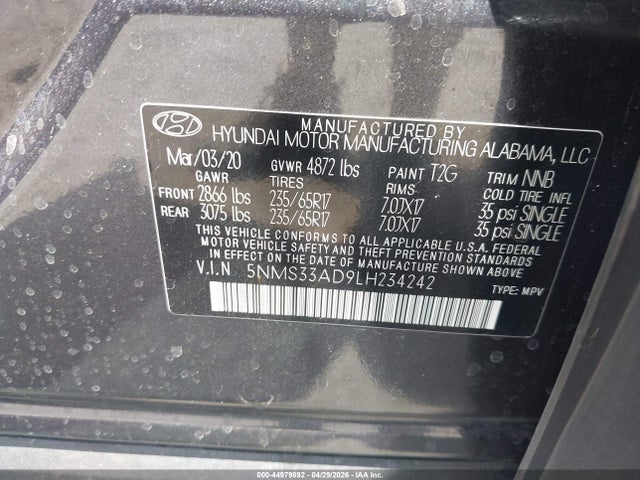 2020 Hyundai Santa Fe Sel მანქანა იყიდება აუქციონზე, vin: 5NMS33AD9LH234242, აუქციონის ნომერი: 44979892