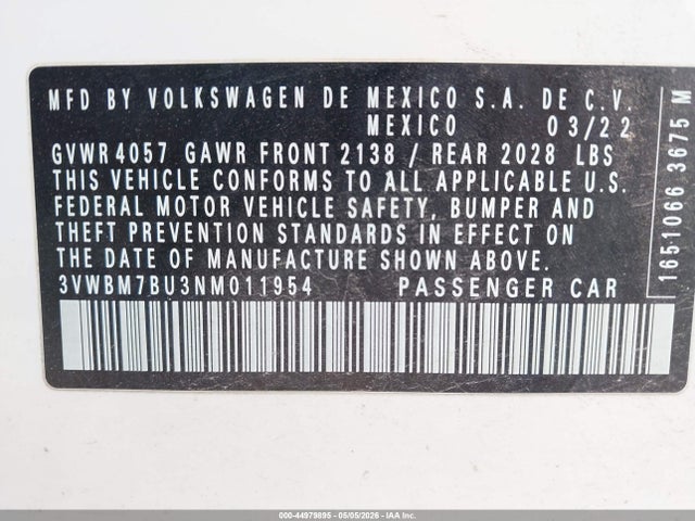 3VWBM7BU3NM011954 Volkswagen Jetta 1.5t Sport