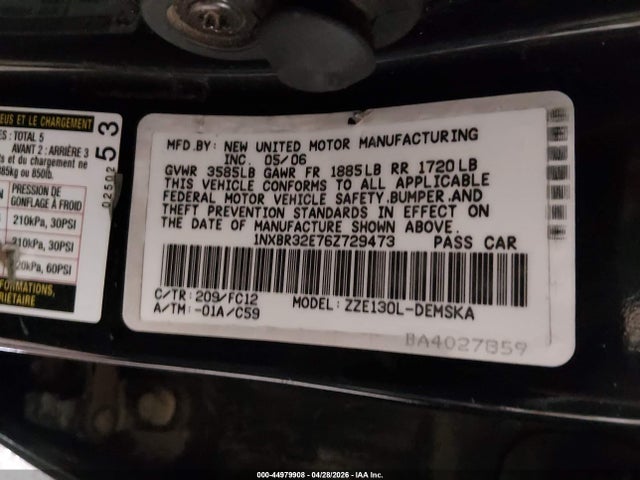Aukcja sprzedaży 2006 Toyota Corolla S, vin: 1NXBR32E76Z729473, numer aukcji: 44979908