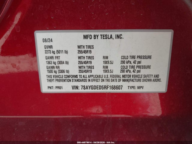 Aukcja sprzedaży 2024 Tesla Model Y Long Range Single Motor Rear-wheel Drive/rwd, vin: 7SAYGDED5RF168607, numer aukcji: 44979914